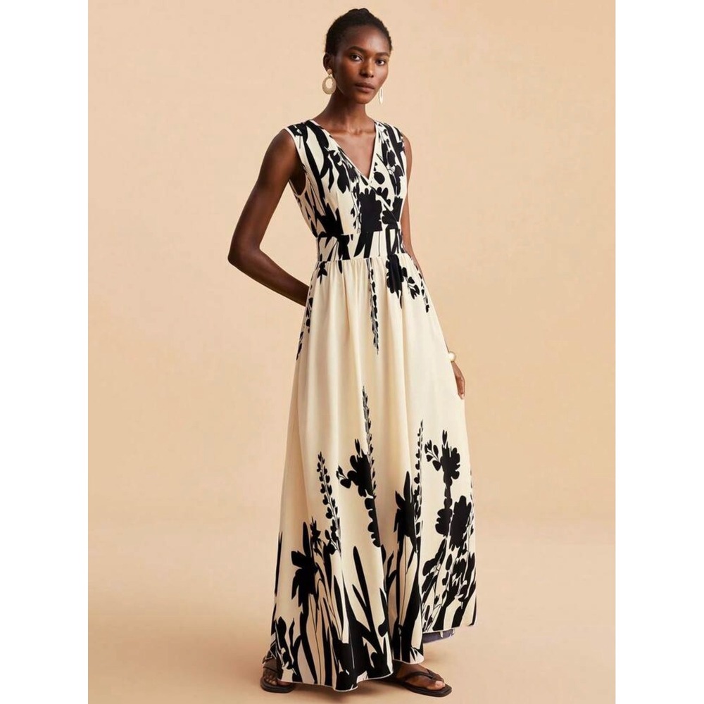 Floral‎ Botanical V-Neck Sleeveless Maxi Dress Cream Black High Waist Size L